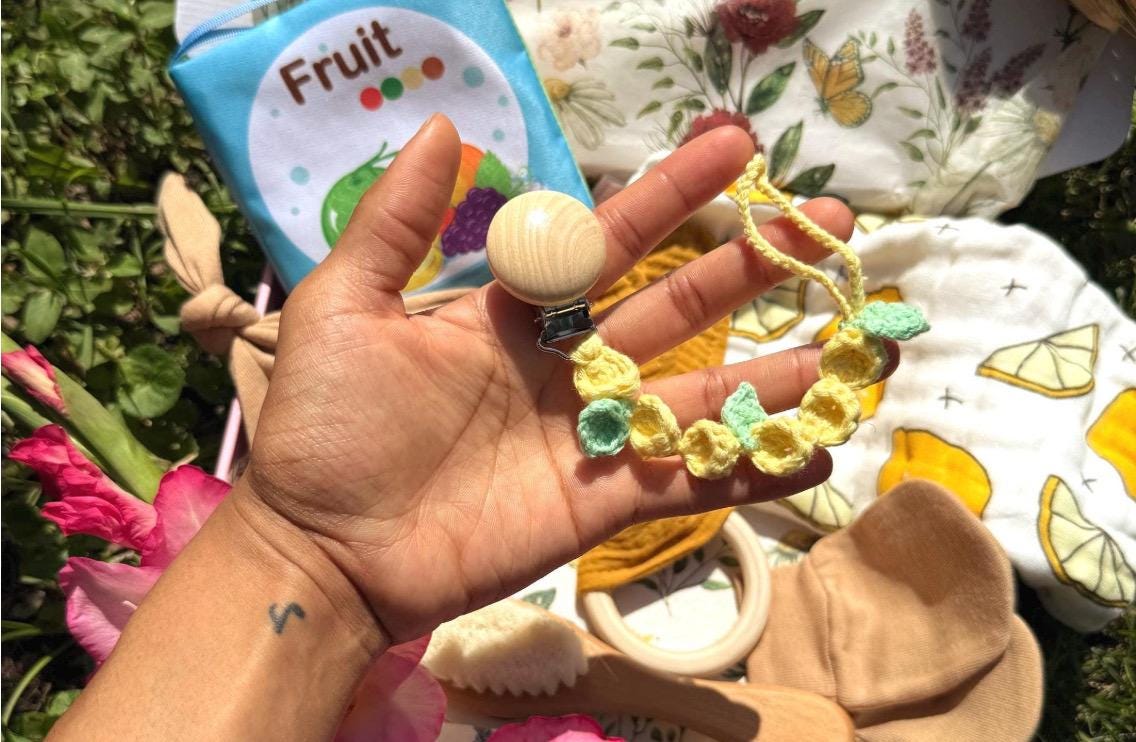 Crochet Lemon Pacifier Clip: Handmade Baby-Safe Cotton Gender Neutral Gift with FREE ENGRAVING