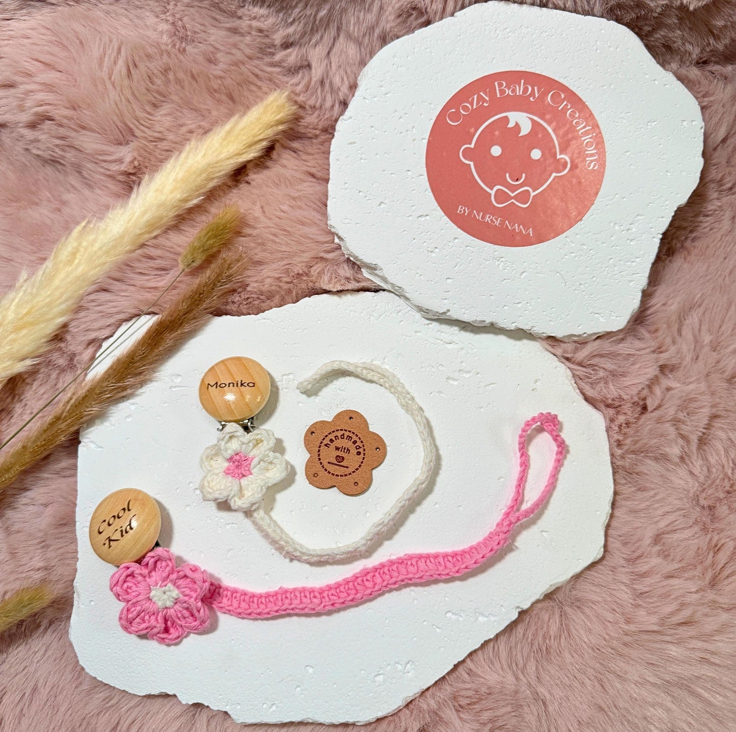 Crochet Flower Pacifier Clip DUO (2 clips): Organic Cotton, Baby-Safe, Free Engraving