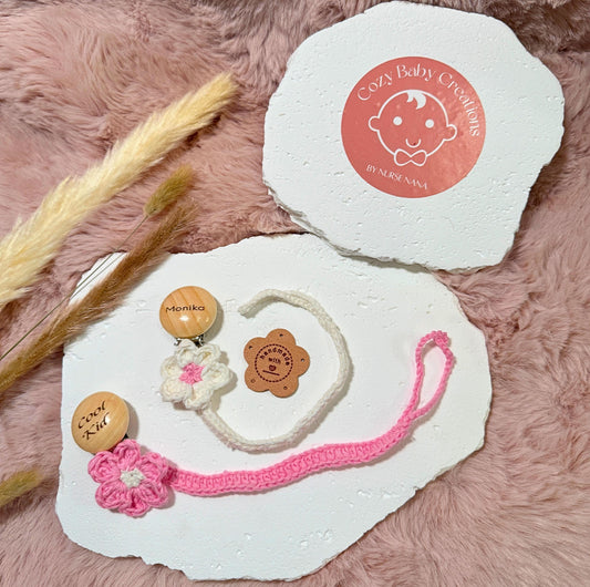 Crochet Flower Pacifier Clip DUO (2 clips): Organic Cotton, Baby-Safe, Free Engraving