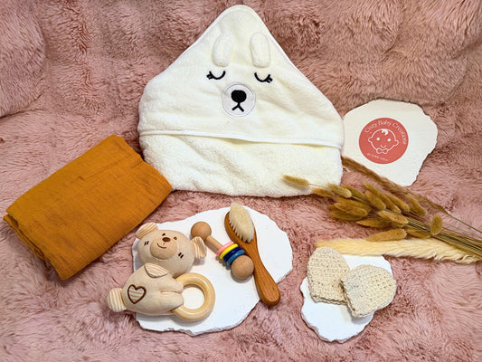 Baby Bear Box — Crochet Mittens, Wooden Rattles, Swaddle & Bear Towel | Gender Neutral Newborn gift