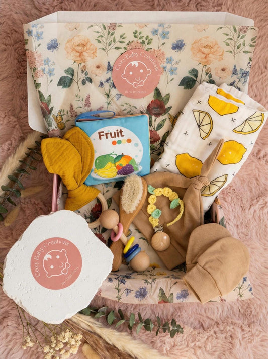 Lemon Baby Gift Box – Gender Neutral Newborn Essentials, Handmade Pacifier Clip with Free Engraving