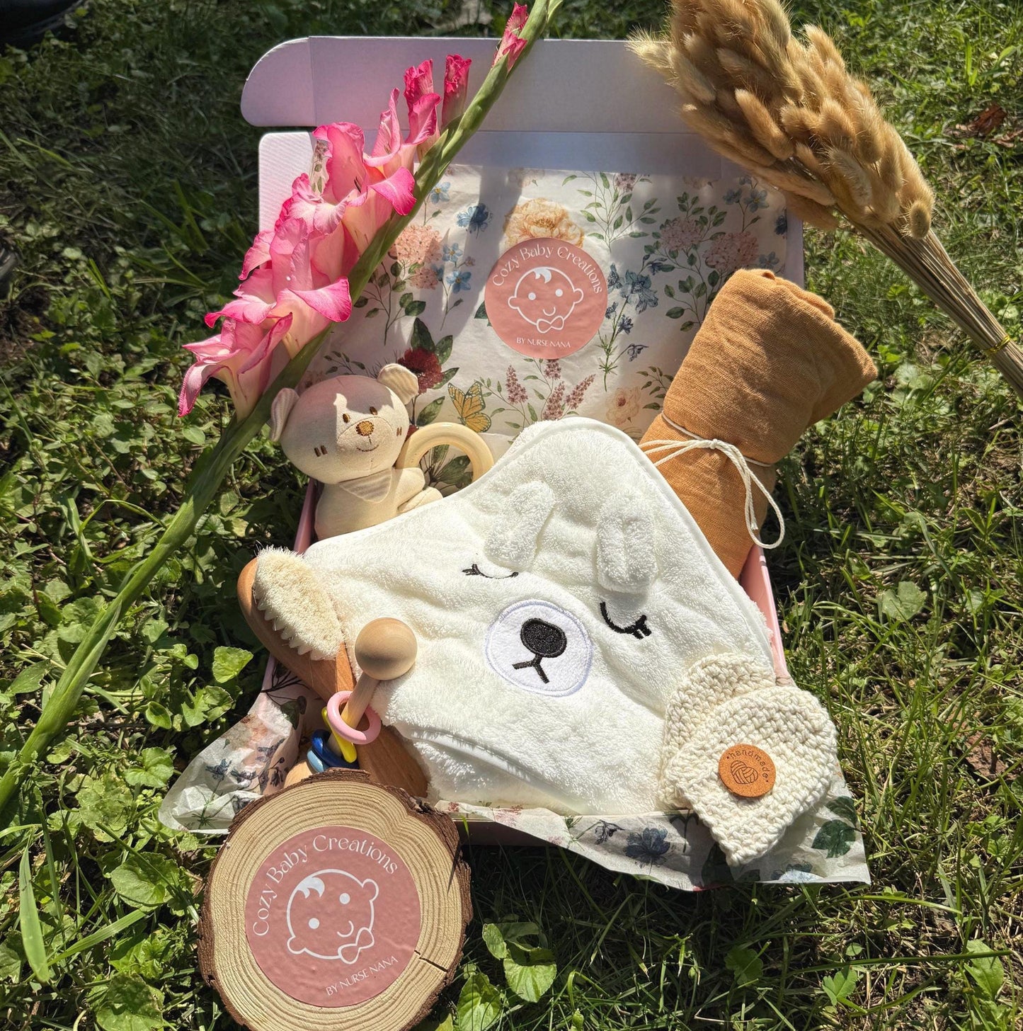 Baby Bear Box — Crochet Mittens, Wooden Rattles, Swaddle & Bear Towel | Gender Neutral Newborn gift