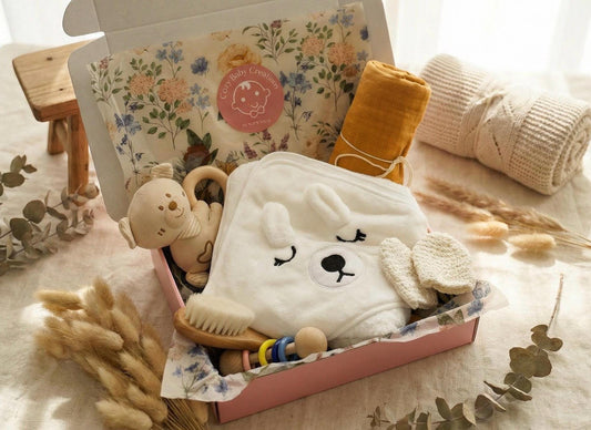 Baby Bear Box — Crochet Mittens, Wooden Rattles, Swaddle & Bear Towel | Gender Neutral Newborn gift