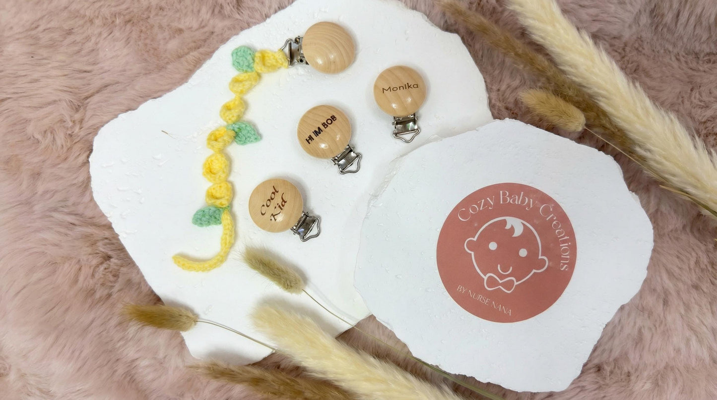 Lemon Baby Gift Box – Gender Neutral Newborn Essentials, Handmade Pacifier Clip with Free Engraving