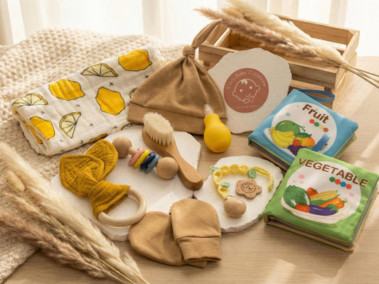 Lemon Baby Gift Box – Gender Neutral Newborn Essentials, Handmade Pacifier Clip with Free Engraving