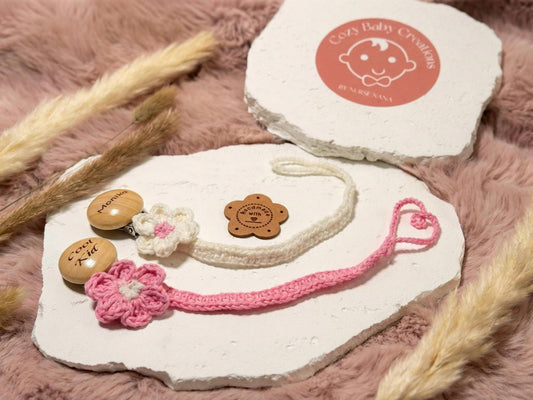 Crochet Flower Pacifier Clip DUO (2 clips): Organic Cotton, Baby-Safe, Free Engraving