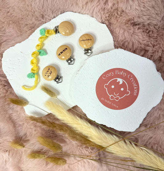 Crochet Lemon Pacifier Clip: Handmade Baby-Safe Cotton Gender Neutral Gift with FREE ENGRAVING