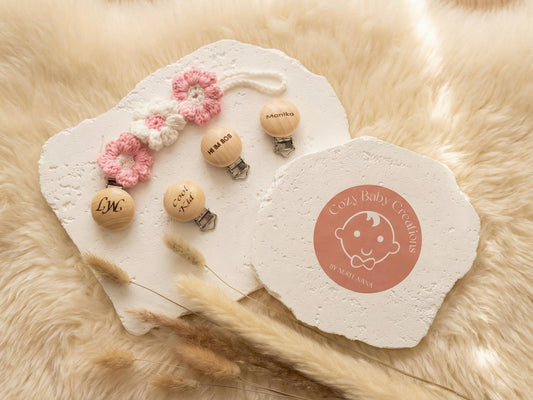 Crochet Flower Pacifier Clip: Handmade Cotton Baby Soother with Free Engraving